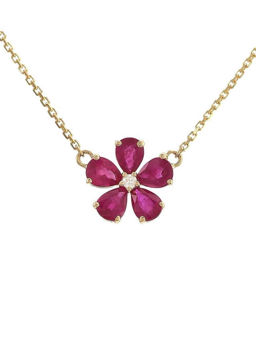 14K Real Yellow Gold Flower Pear Prong Ruby Necklace 16+2″